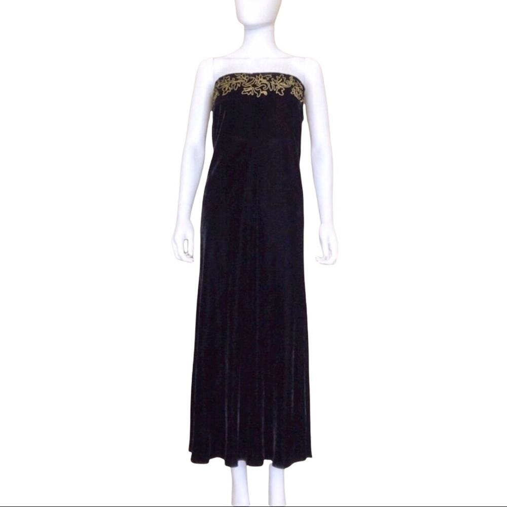 Ralph Lauren Black Velvet Maxi Gown Embellished Gold Applique Black Tag - Picture 5 of 6